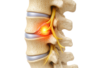 Lumbar spine disc herniation compressing spinal nerve causing lower back pain medical anatomy isolated on white background