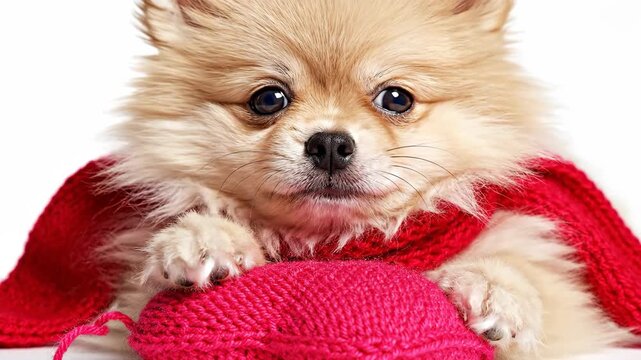Adorable Pomeranian Puppy Wearing a Red Scarf and Playing with Yarn.