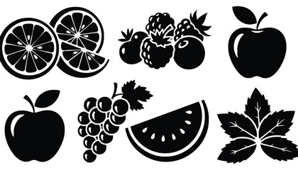 A collection of black silhouettes of various fruits and leaves on a white background