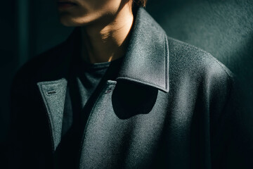 Young Caucasian Male Wearing Dark Grey Wool Coat Standing In Dramatic Cinematic Side Lighting