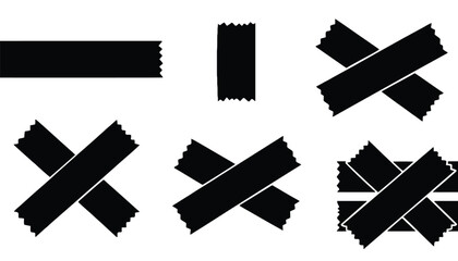 A collection of black tape strips and X-shaped adhesive bands on a white background