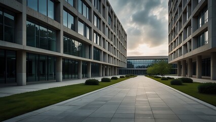 Ultra realistic cinematic HDR photograph of modern university campus architecture with empty walkways