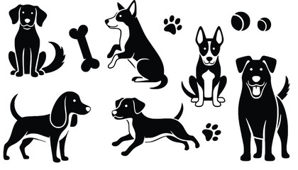 A collection of black dog silhouettes and icons on a white background