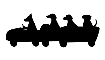 A black silhouette of dogs riding in a car with a white background