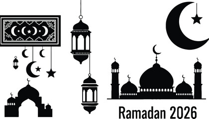 A black and white illustration of Ramadan 2026 with mosque silhouettes and lanterns