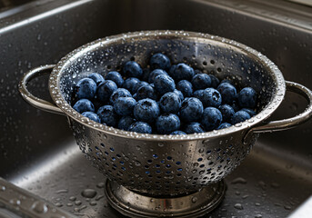 Blueberries Washing in Kitchen Sink