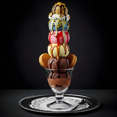 A tall stack of assorted sweet treats in a glass dessert dish