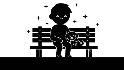 A cartoon boy and his dog sitting on a bench under starry night sky