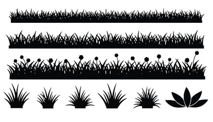 A collection of black silhouettes of various grass and plant types on a white background