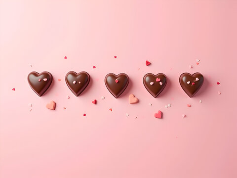 Row of heart shaped chocolates on pink background with small heart decorations