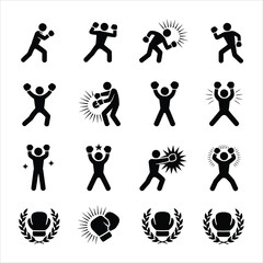 A collection of black silhouette boxing icons showing fighters and gloves on a white surface