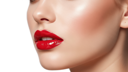 Glamorous Red Lips Beauty Close-Up Portrait with Glossy Lipstick, Glowing Glass Skin, Subtle Contour and Highlight, Perfect Makeup Inspiration for Luxury Editorial and Cosmetic Advertising

