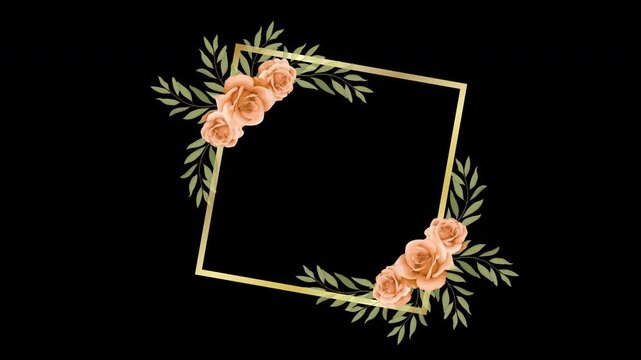 Square gold border animation decorated with peach roses and green leaves for romantic events