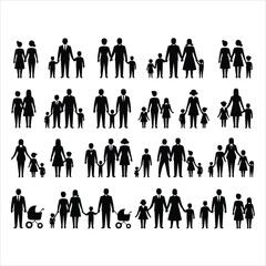 A collection of diverse black silhouette family groups showcases parents, children, and baby strollers