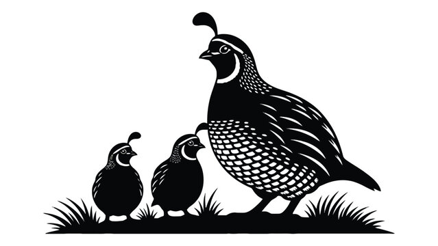 A quail family stands together on grass in a silhouette.