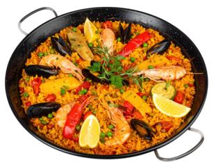 Colorful paella dish with seafood and vegetables in a pan