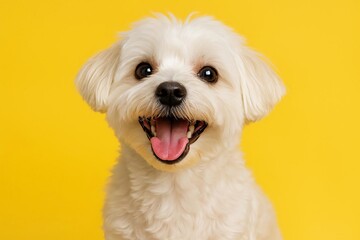 Obraz premium A cheerful white Maltese dog with its mouth open, against a bright yellow background.
