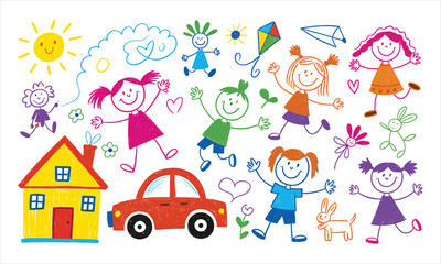 A lively and colorful collection of happy stick figure children, a house, a car, and a smiling sun