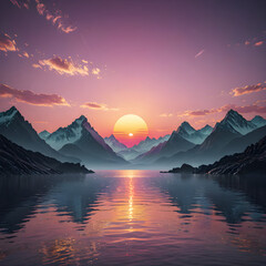 Serene sunrise over mountains reflected on calm lake