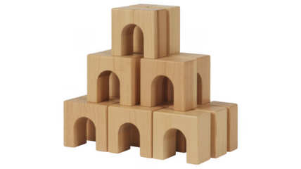 Stacked wooden blocks with multiple arches pyramid isolated on a transparent background