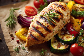 Grilled Chicken Breast with Vegetables: A close-up shot of a perfectly grilled chicken breast, adorned with vibrant grilled vegetables, offering a visual symphony of flavors.