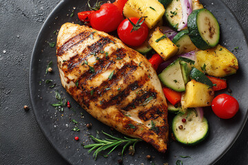 Grilled Chicken and Vegetables: A tantalizing grilled chicken breast alongside a vibrant medley of roasted vegetables arranged artfully on a dark, rustic plate, appetizing food