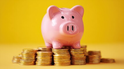Small ceramic animal container rests atop stacks of shiny golden currency against a bright backdrop