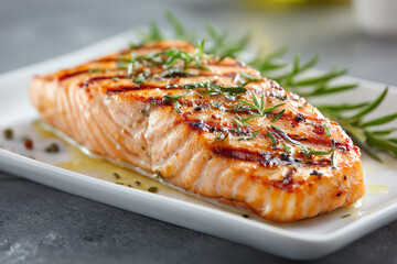 Grilled Salmon Delight: a delectable grilled salmon fillet, beautifully cooked to perfection. The image showcases the culinary artistry.