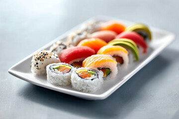 Sushi Platter: An artfully arranged assortment of colorful sushi rolls rests upon a pristine white plate, promising a symphony of flavors and textures.