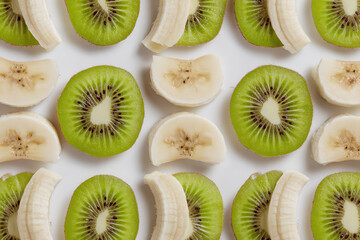 Delicious Fruit Composition: A visually appealing arrangement of fresh, sliced kiwi and banana, showcasing the natural beauty and vibrant colors of the fruits.