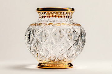 Elegant Crystal Vase: Exquisite crystal vase is showcasing intricate detailing and a touch of gold embellishment, reflecting a timeless charm and luxury.
