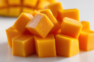 Cubed Mango Delights: Close-up of vibrant, freshly cubed mango pieces, showcasing their succulent texture and intense color. These tropical treats are ready to enjoy!