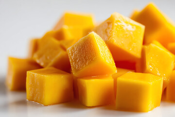 Fresh Mango Cubes: A close-up shot of freshly cut mango cubes, showcasing their vibrant color and inviting texture. A feast for the eyes and a promise of tropical taste.