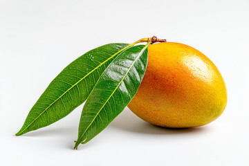 Mango's tropical elegance: a close-up of a ripe mango with its attached green leaves on bright surface. showing its vibrant colors and freshness.