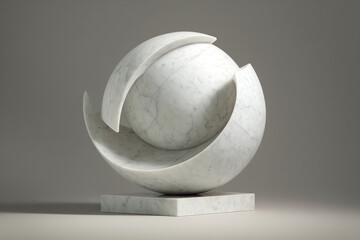 Geometric marble sculpture: An exquisite, geometric marble sculpture, with an orb held within gracefully carved, embracing elements, symbolizing harmony, art, and modern elegance.