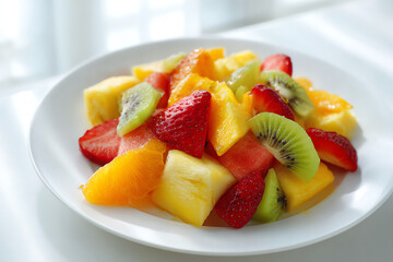 Vibrant Fruit Salad: A colorful array of fresh, juicy fruits artfully arranged on a pristine plate, offering a visual feast of health and deliciousness.