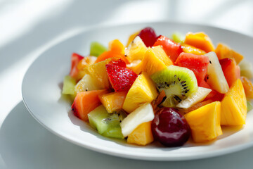 Vibrant Fruit Salad: A colorful medley of fresh, diced fruits bursts with flavor and nutrients on a clean, inviting plate.