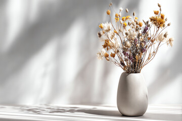 Dried Floral Arrangement: A delicate arrangement of dried flowers in a modern, ceramic vase stands gracefully against a backdrop of sun-dappled shadows, evoking a sense of calm and natural beauty.