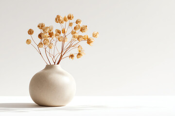 Minimalist Dried Flower Composition: The soft focus captures the essence of tranquility with a solitary ceramic vase holding dried flowers, a serene aesthetic against a muted backdrop.