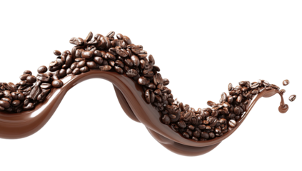 Coffee beans flow amidst brown liquid