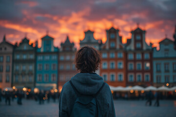 Young European Traveler In Blue Hoodie Looking At Historic Square During Vibrant Orange Sunset