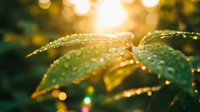 Sunlit leaves with raindrops glimmering, a refreshing nature scene to remind us of spring
