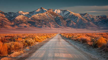 A majestic mountain range with a long road. The sun paints the peaks in hues of gold and orange as a long road disappears into the distance.