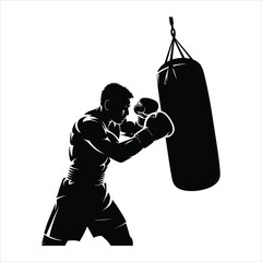 Powerful silhouette of a muscular male boxer punching a heavy training bag with full force