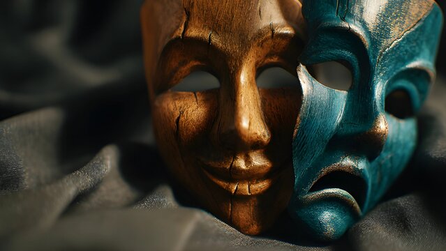 Greek drama comedy and tragedy masks. The little hut comedy masks on dark background. Theatricals props drama masks. Color tragicomic happy sad acting masks. 