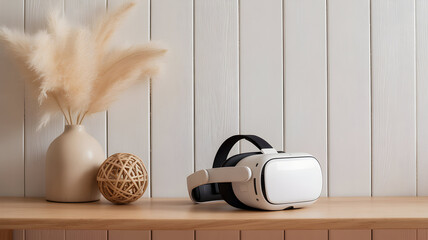 Modern virtual reality headset rests on a wooden surface next to decorative items, evoking digital immersion.