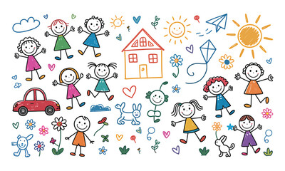Playful hand drawn illustrations of joyful children along with a bright house and car