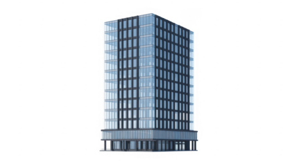 Tall modern glass office building exterior isolated on a transparent background