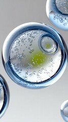 Green serum droplet splashing, generating dynamic bubble chain reaction, symbolizing skincare hydration and refreshing effect