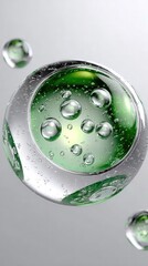 Green serum droplet splashing, generating dynamic bubble chain reaction, symbolizing skincare hydration and refreshing effect